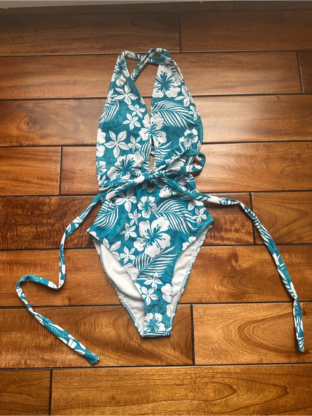 SweatyRocks Teal Floral Halter Open Back One-Piece Swimsuit